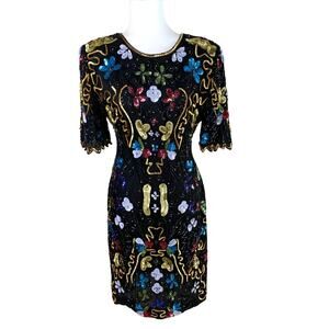 Vintage Carina Size M 100% Silk Sequined and Beaded Party Dress Cocktail Holiday